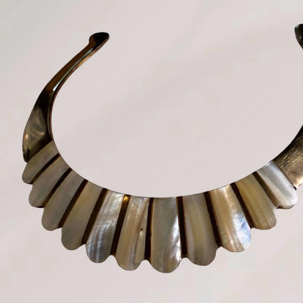 Vintage Mother of Pearl Inlay Collar Necklace | Gold Tone Sculptural Bib Choker