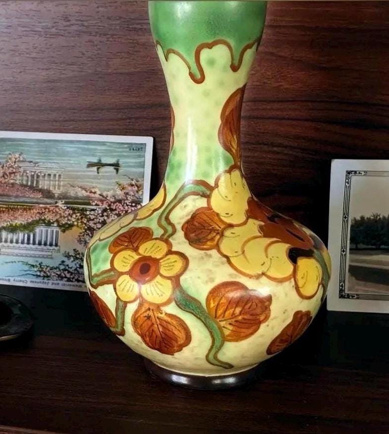 Signed Regina Gouda Holland Hand Painted Vase | Borodi Pattern MCM Dutch Ceramic