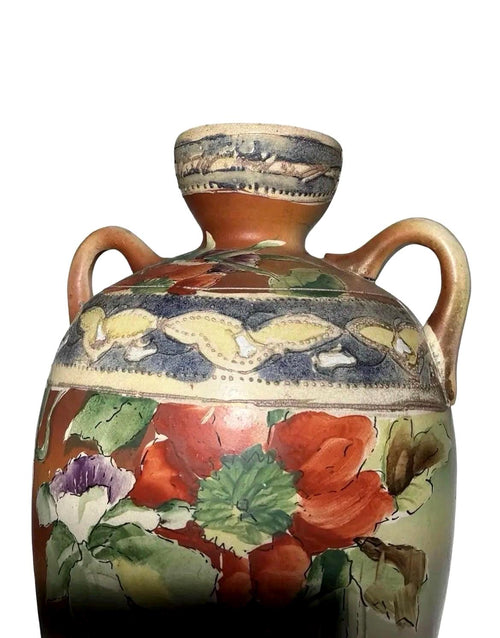 Antique Japanese Double Handle Floral Art Pottery Vase | Nippon Style Hand Painted Vessel