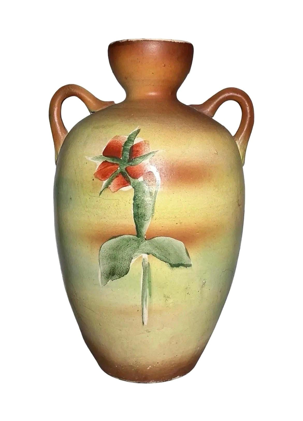 Antique Japanese Double Handle Floral Art Pottery Vase | Nippon Style Hand Painted Vessel