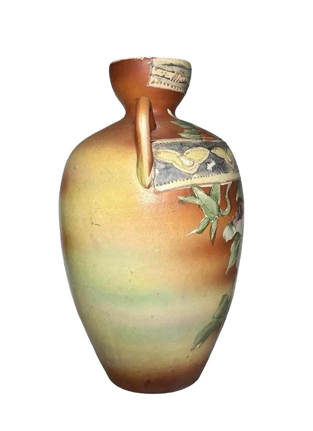 Antique Japanese Double Handle Floral Art Pottery Vase | Nippon Style Hand Painted Vessel
