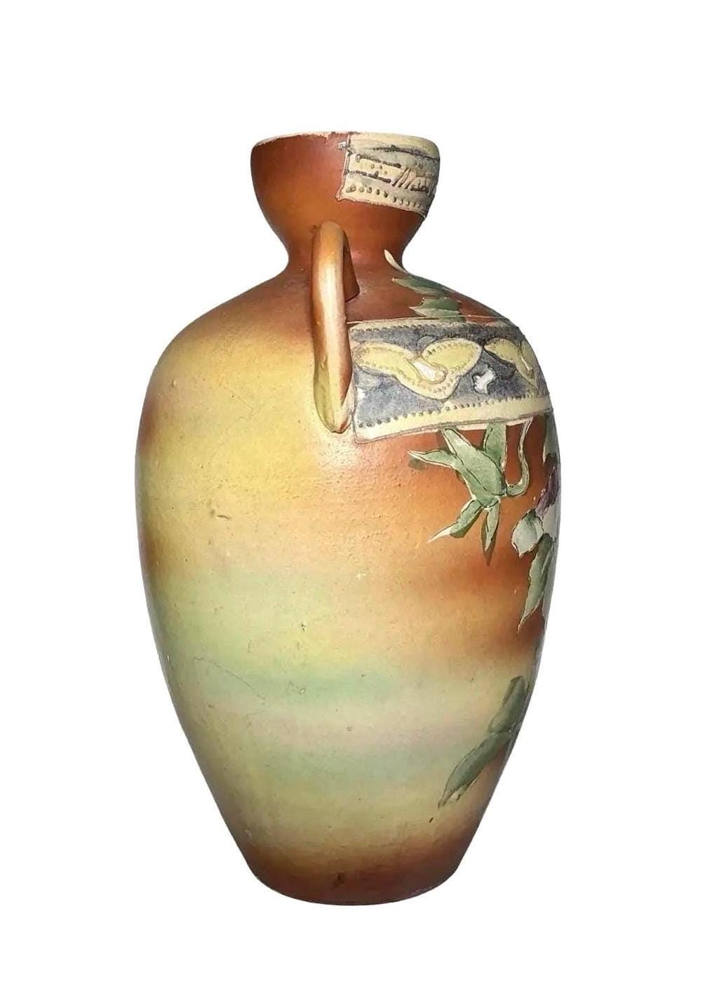 Antique Japanese Double Handle Floral Art Pottery Vase | Nippon Style Hand Painted Vessel