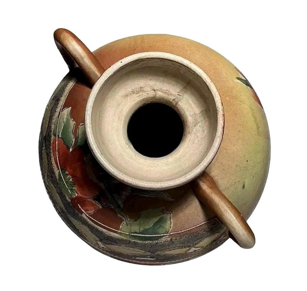 Antique Japanese Double Handle Floral Art Pottery Vase | Nippon Style Hand Painted Vessel