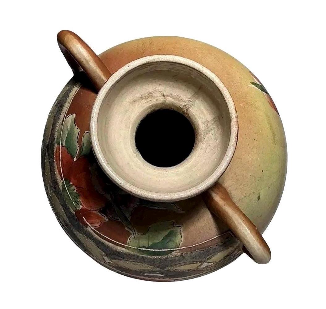 Antique Japanese Double Handle Floral Art Pottery Vase | Nippon Style Hand Painted Vessel