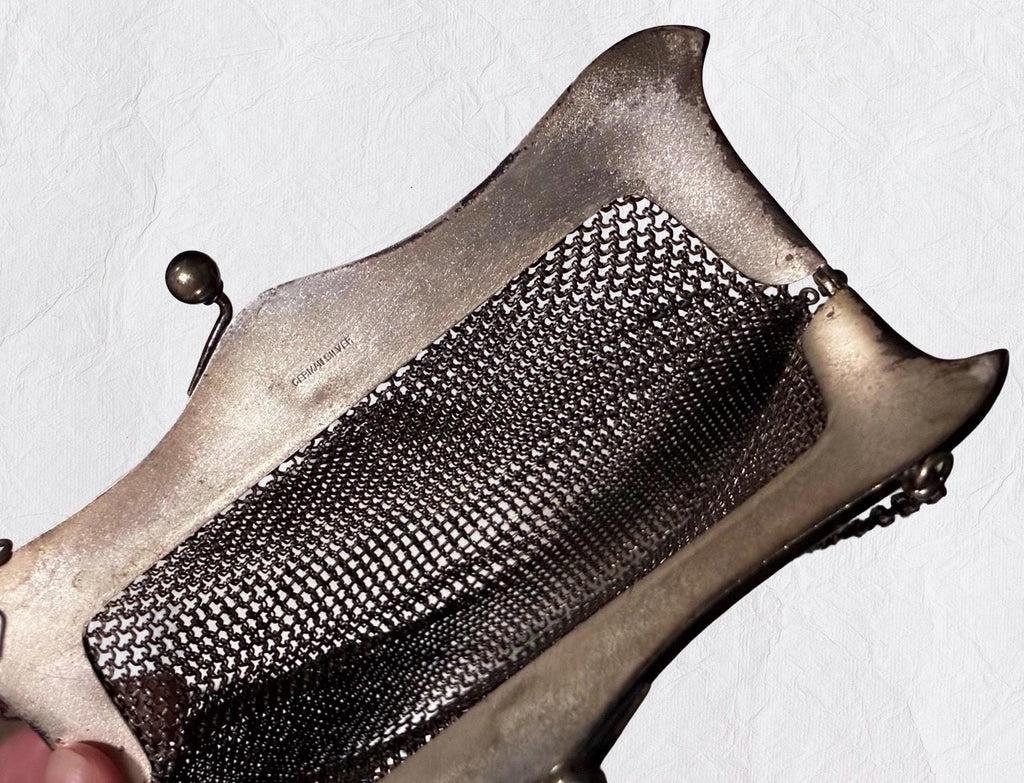 Antique German Silver Mesh Purse c.19001925 | Art Nouveau Kiss Lock Evening Bag | Edwardian Metal Mesh Handbag