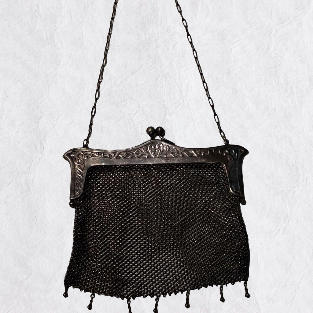Antique German Silver Mesh Purse c.19001925 | Art Nouveau Kiss Lock Evening Bag | Edwardian Metal Mesh Handbag