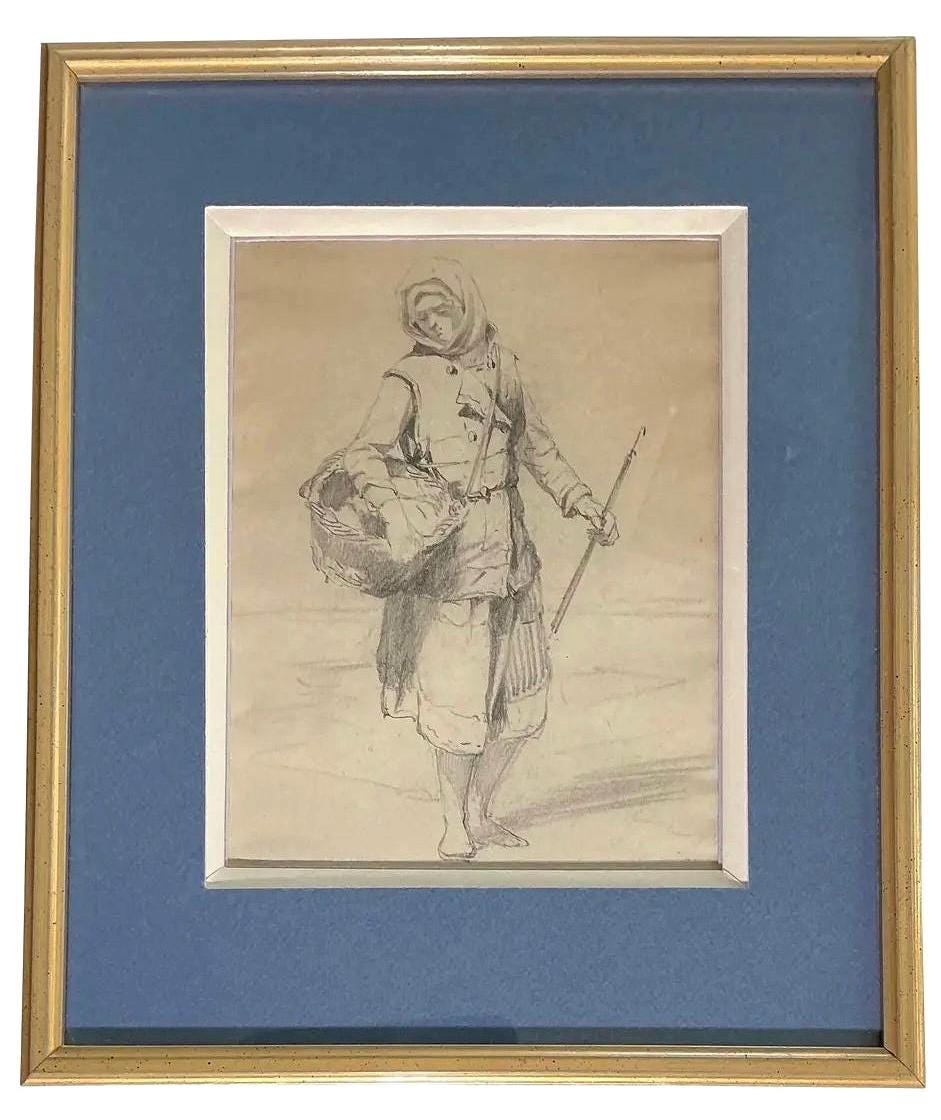 H.E. Bernard Attributed Breton Fisherwoman Study | Framed Antique French Drawing | European School Genre Sketch