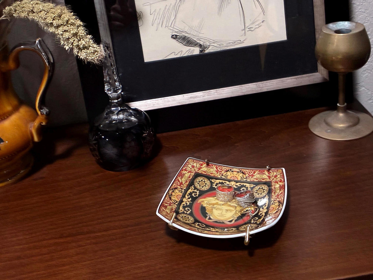 Rosenthal Versace Medusa Porcelain Trinket Dish | Vintage Vanity Ring Holder, Black Red Gold, Germany