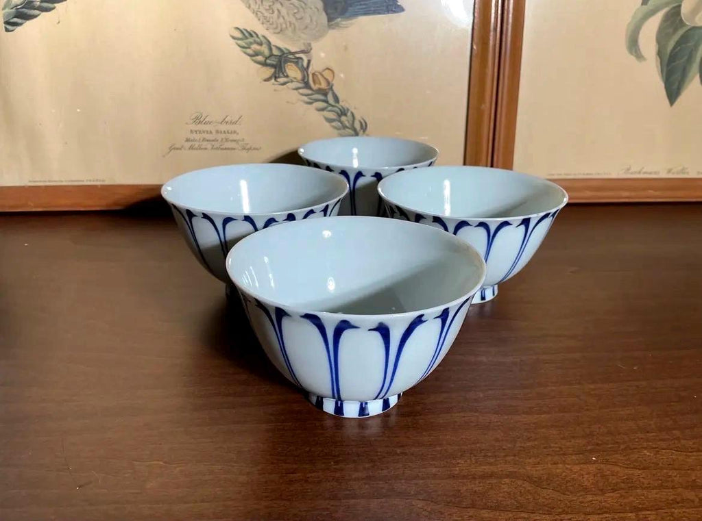 Vintage Japanese Footed Rice Bowls Set of 4 | Hand Painted Cobalt Lotus Arita Porcelain