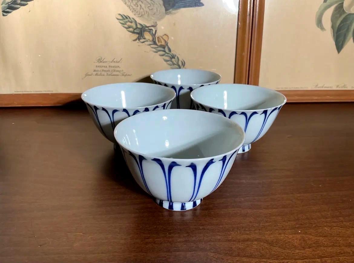 Vintage Japanese Footed Rice Bowls Set of 4 | Hand Painted Cobalt Lotus Arita Porcelain
