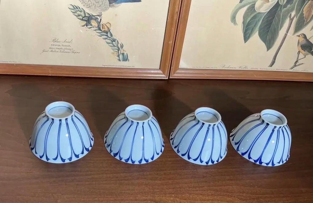 Vintage Japanese Footed Rice Bowls Set of 4 | Hand Painted Cobalt Lotus Arita Porcelain