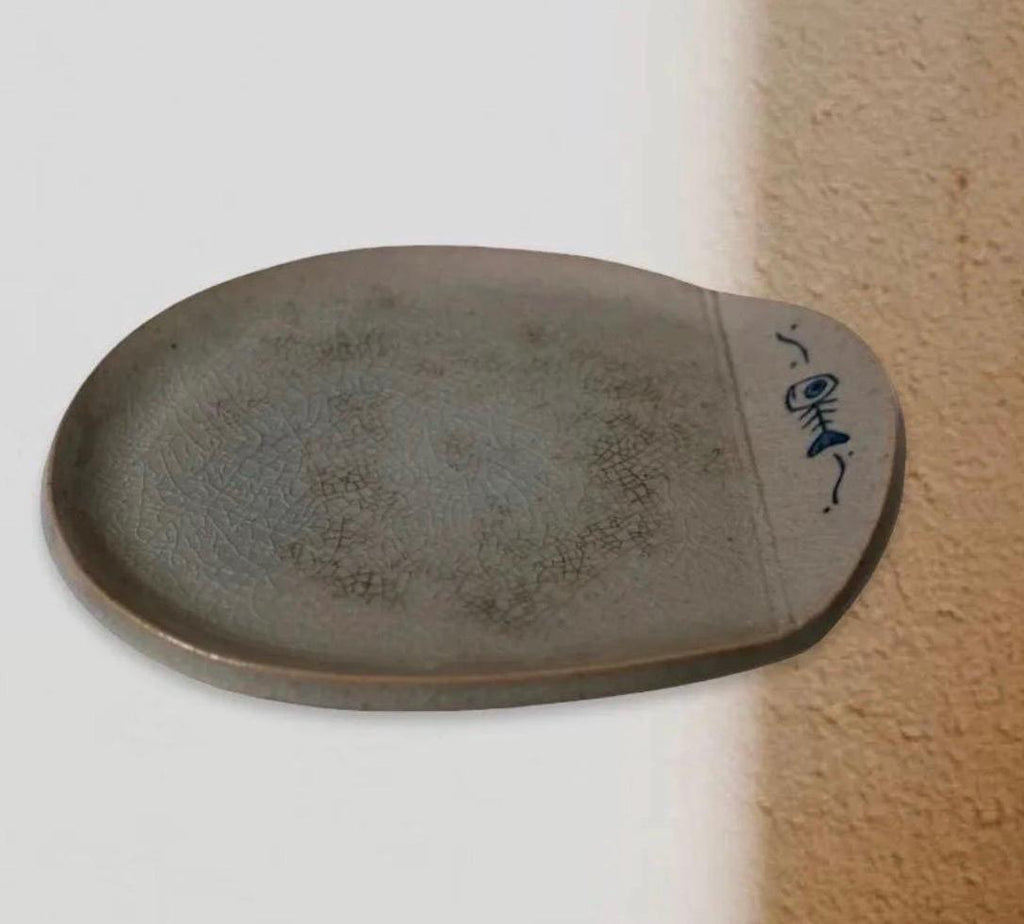 Vintage Studio Pottery Trinket Dish Fish Bone Ring Dish Gray Crackle Glaze Ceramic Catchall