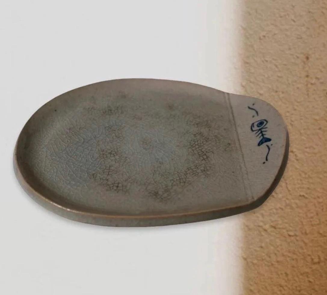 Vintage Studio Pottery Trinket Dish Fish Bone Ring Dish Gray Crackle Glaze Ceramic Catchall