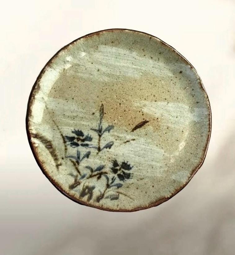 Vintage Japanese Studio Pottery Tray | Hand Painted Botanical Stoneware Dish | Wabi Sabi Decor