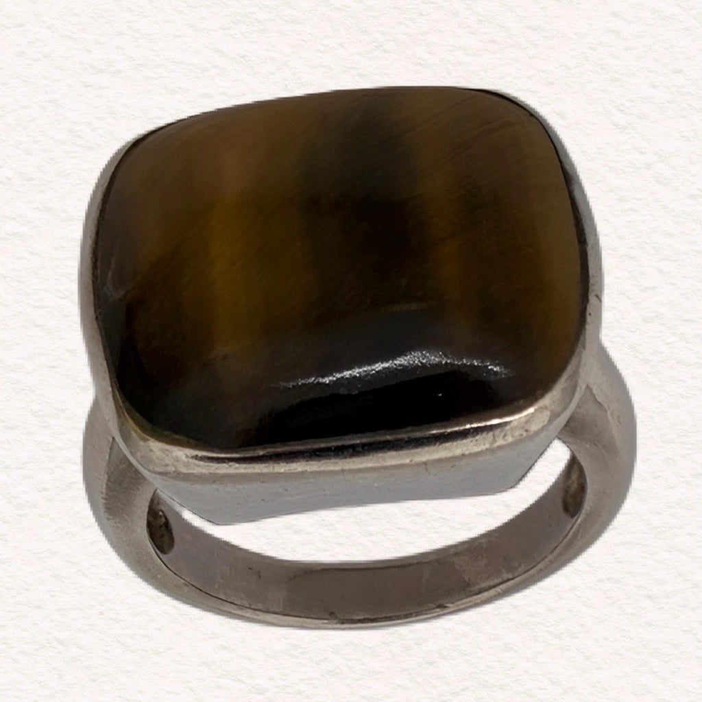 Vintage Sterling Silver Tigers Eye Statement Ring | Modernist Artisan Cocktail Ring | Size 7