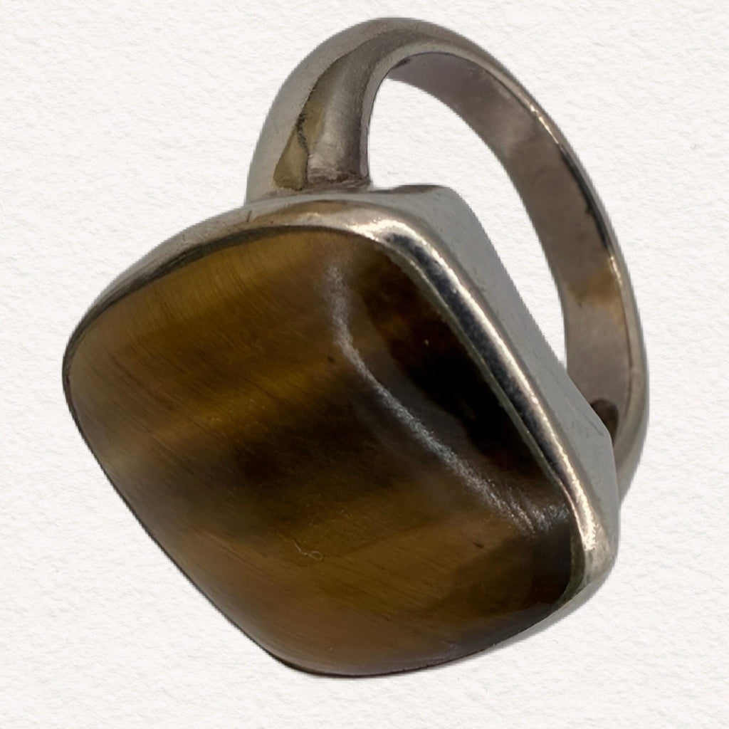 Vintage Sterling Silver Tigers Eye Statement Ring | Modernist Artisan Cocktail Ring | Size 7