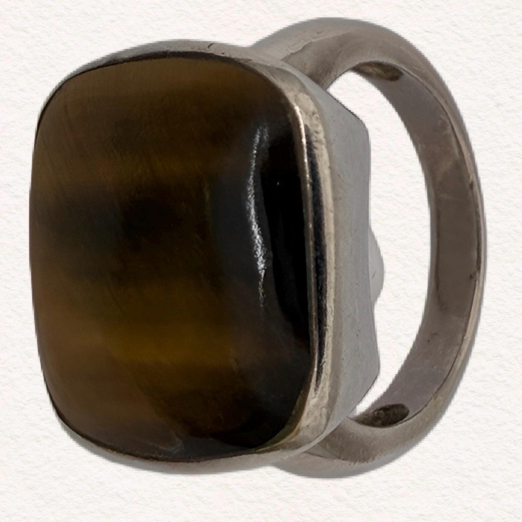 Vintage Sterling Silver Tigers Eye Statement Ring | Modernist Artisan Cocktail Ring | Size 7