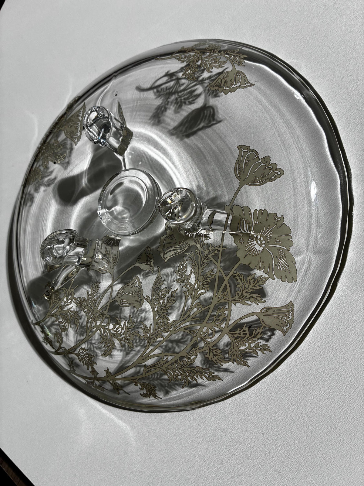 Floral Silver Overlay Pedestal Bowl & Footed Tray | Glass MCM Set