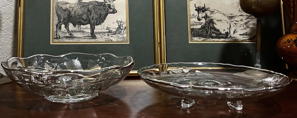 Floral Silver Overlay Pedestal Bowl & Footed Tray | Glass MCM Set