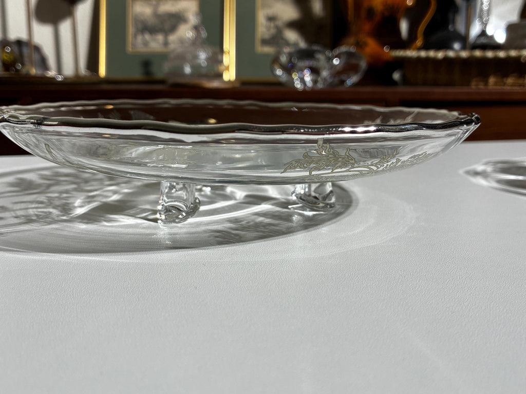 Floral Silver Overlay Pedestal Bowl & Footed Tray | Glass MCM Set