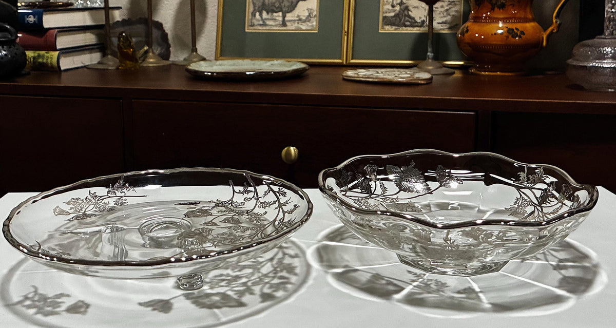 Floral Silver Overlay Pedestal Bowl & Footed Tray | Glass MCM Set