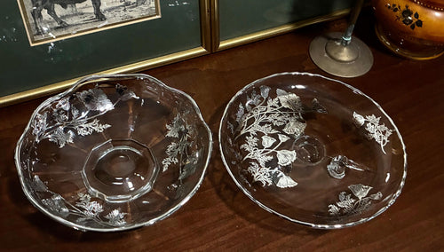 Floral Silver Overlay Pedestal Bowl & Footed Tray | Glass MCM Set