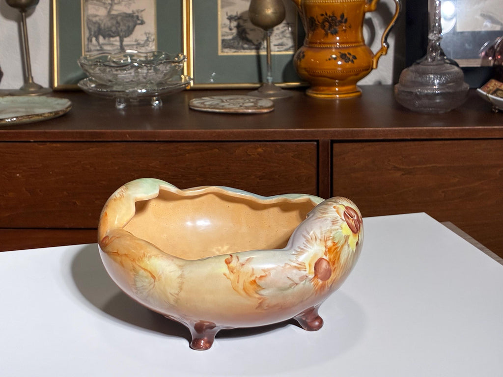 Vintage Hand Painted Art Pottery Footed Cachepot | Floral Jardiniere Planter | Arts & Crafts Console Bowl