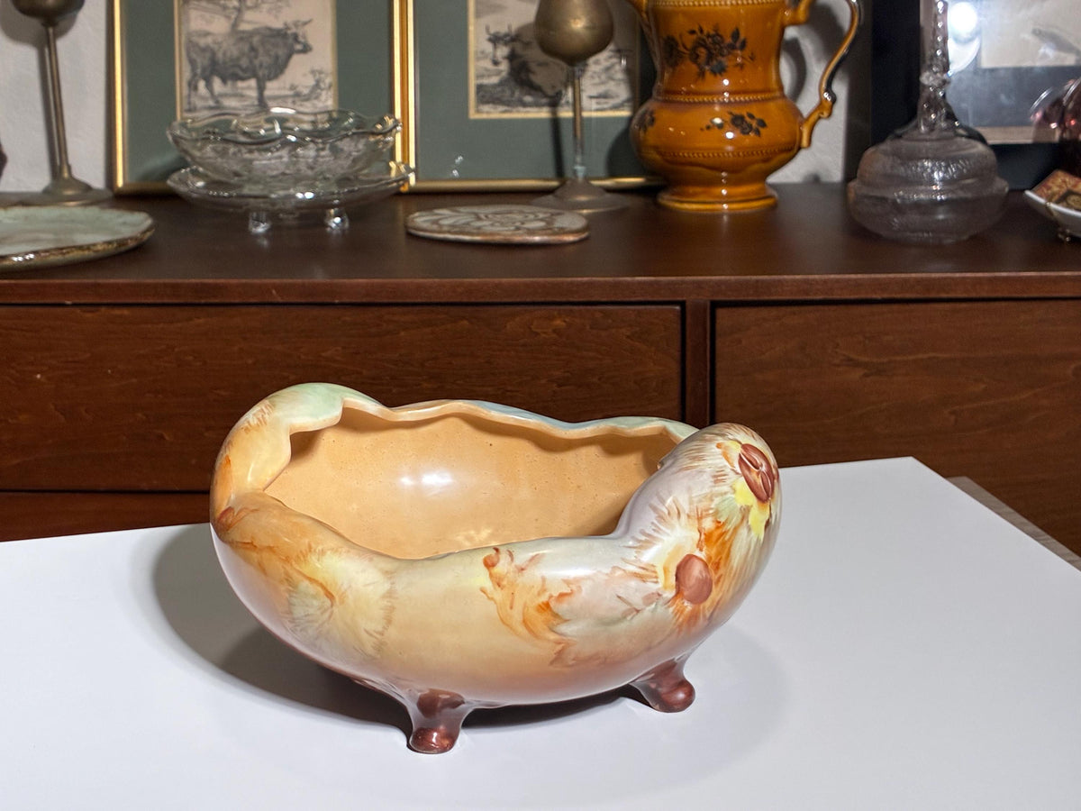 Vintage Hand Painted Art Pottery Footed Cachepot | Floral Jardiniere Planter | Arts & Crafts Console Bowl