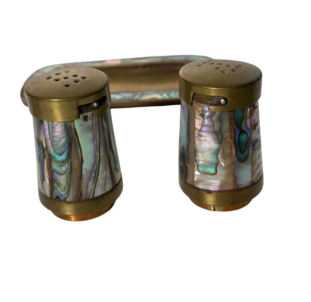 Vintage LENCAN Mexico Abalone Brass Salt Pepper Shakers Tray Set Mid Century Modern