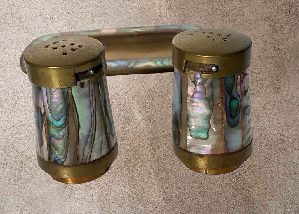 Vintage LENCAN Mexico Abalone Brass Salt Pepper Shakers Tray Set Mid Century Modern