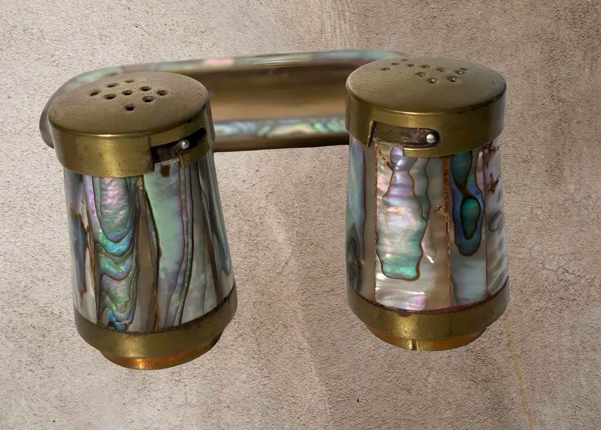 Vintage LENCAN Mexico Abalone Brass Salt Pepper Shakers Tray Set Mid Century Modern