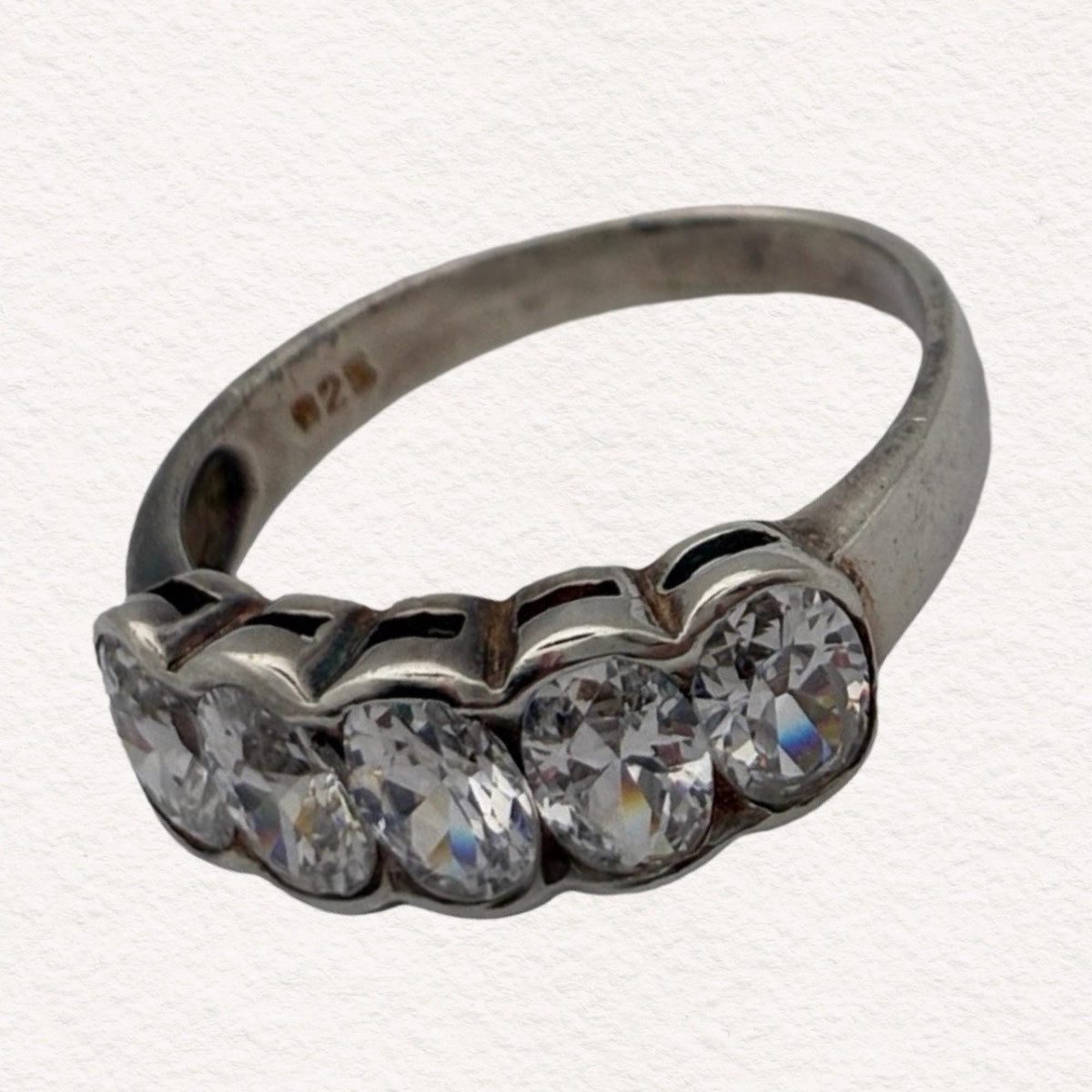 Vintage Sterling Silver Five Oval Stone CZ Ring | Stackable 925 Half Eternity Band