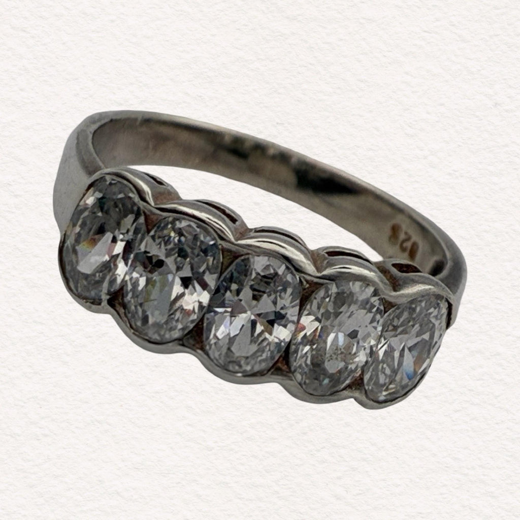 Vintage Sterling Silver Five Oval Stone CZ Ring | Stackable 925 Half Eternity Band