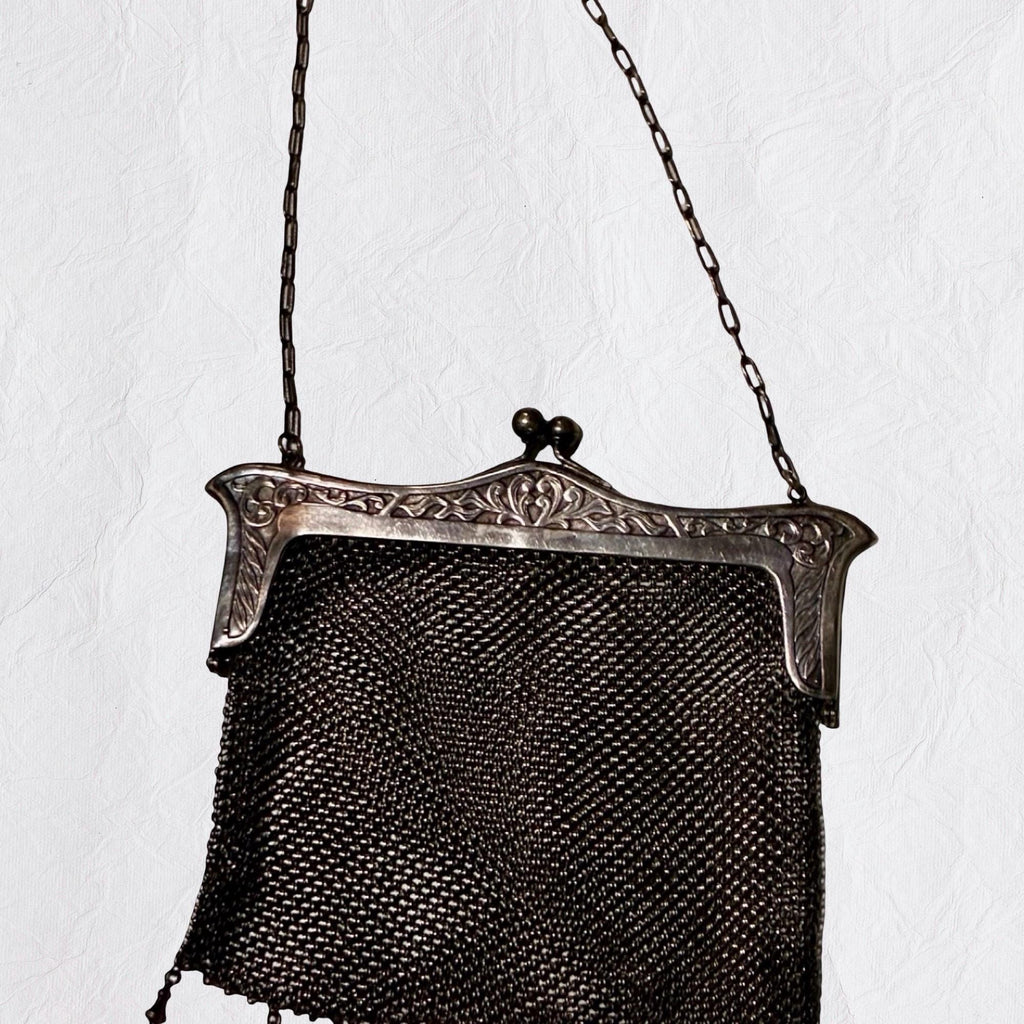 Antique German Silver Mesh Purse c.19001925 | Art Nouveau Kiss Lock Evening Bag | Edwardian Metal Mesh Handbag