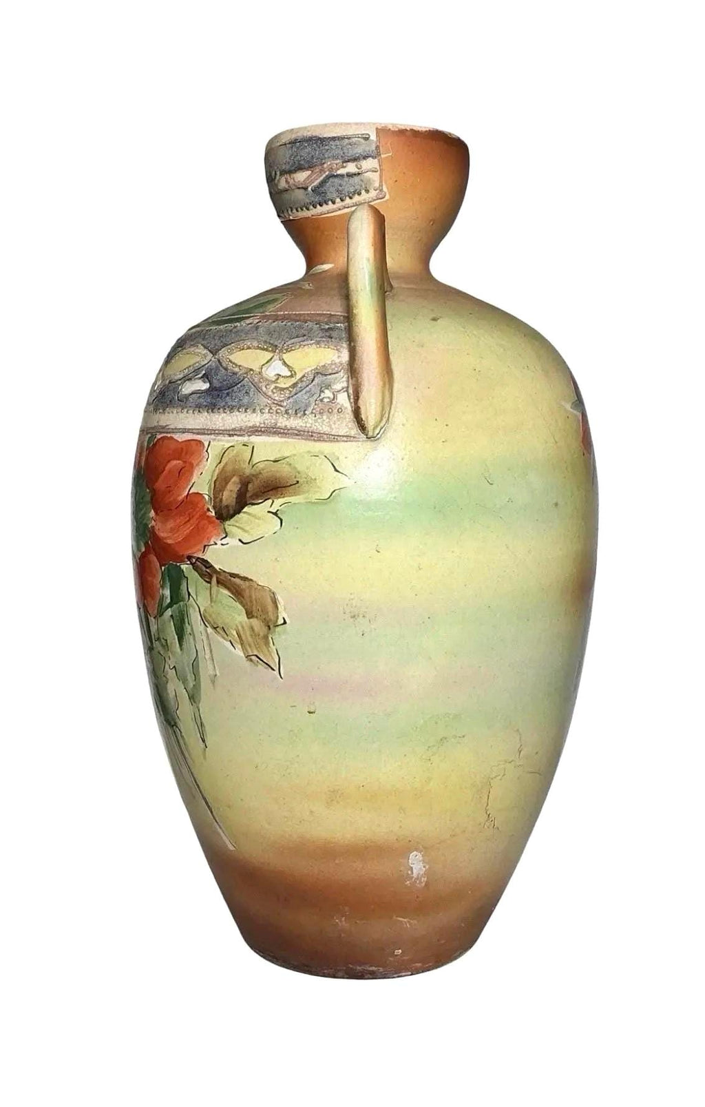 Antique Japanese Double Handle Floral Art Pottery Vase | Nippon Style Hand Painted Vessel