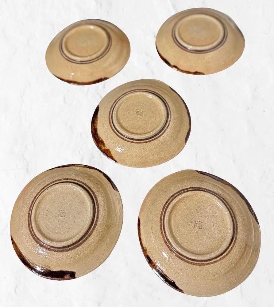Japanese Signed Studio Pottery Plates | Stoneware Bird Motif | Set of 5