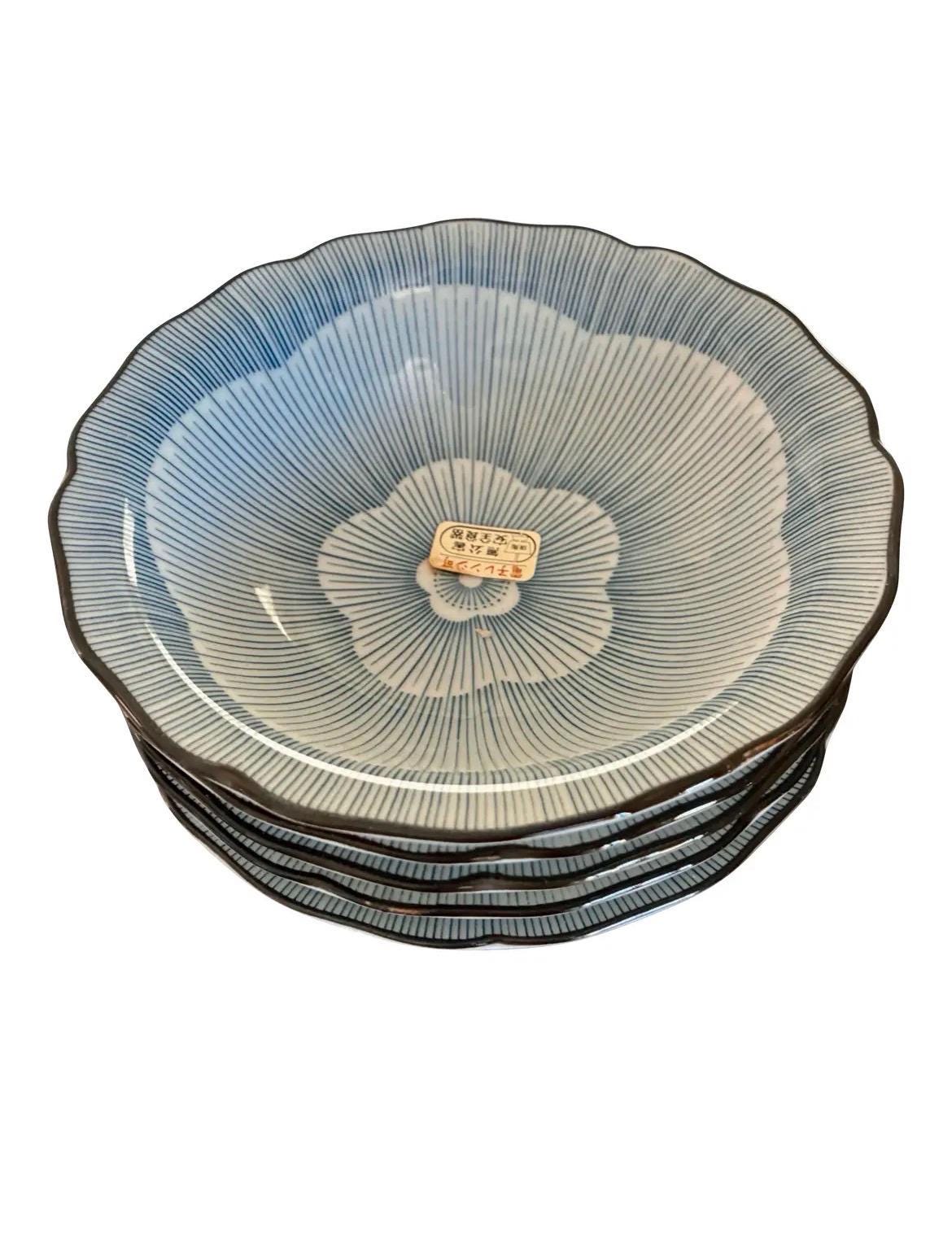Set of 5 Japanese Porcelain Bowls | Blue Floral Scalloped Serving Tableware