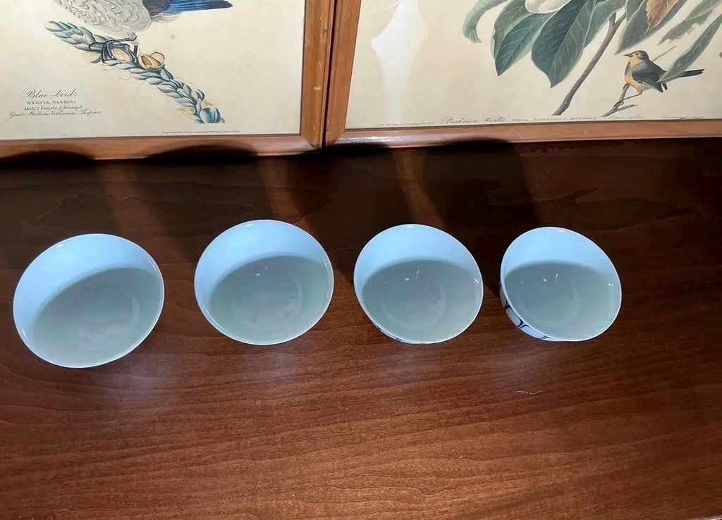 Vintage Japanese Footed Rice Bowls Set of 4 | Hand Painted Cobalt Lotus Arita Porcelain