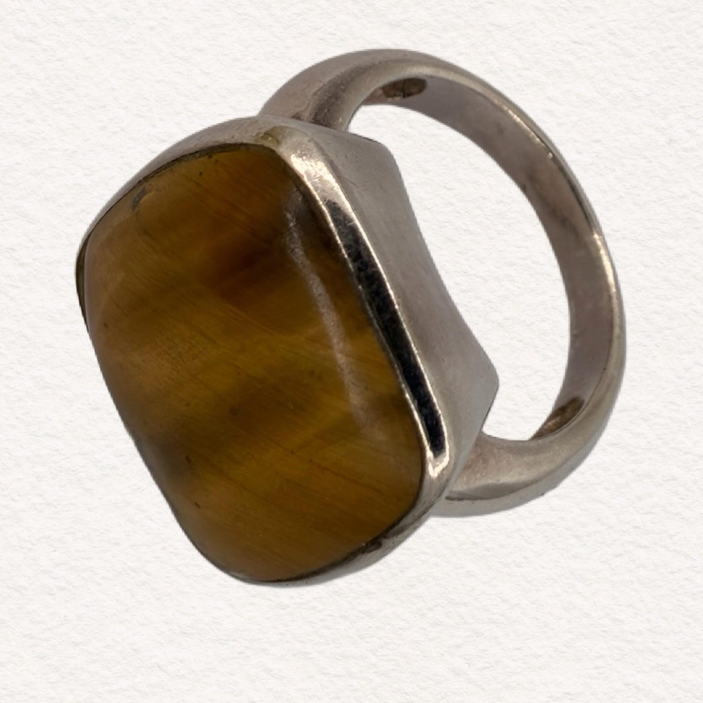 Vintage Sterling Silver Tigers Eye Statement Ring | Modernist Artisan Cocktail Ring | Size 7