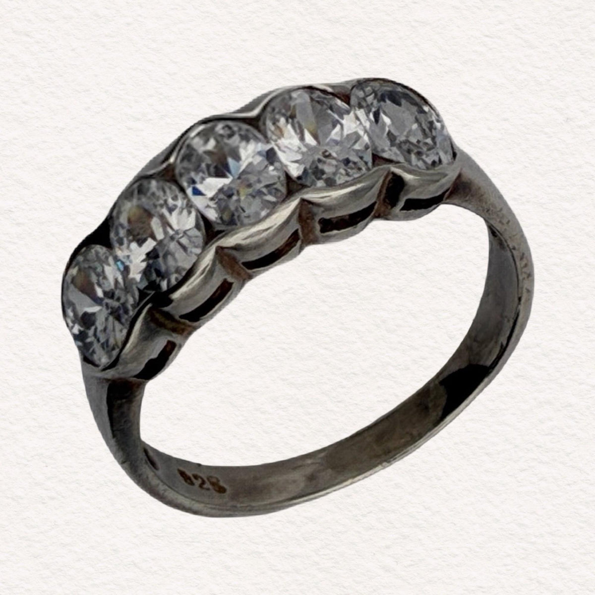 Vintage Sterling Silver Five Oval Stone CZ Ring | Stackable 925 Half Eternity Band