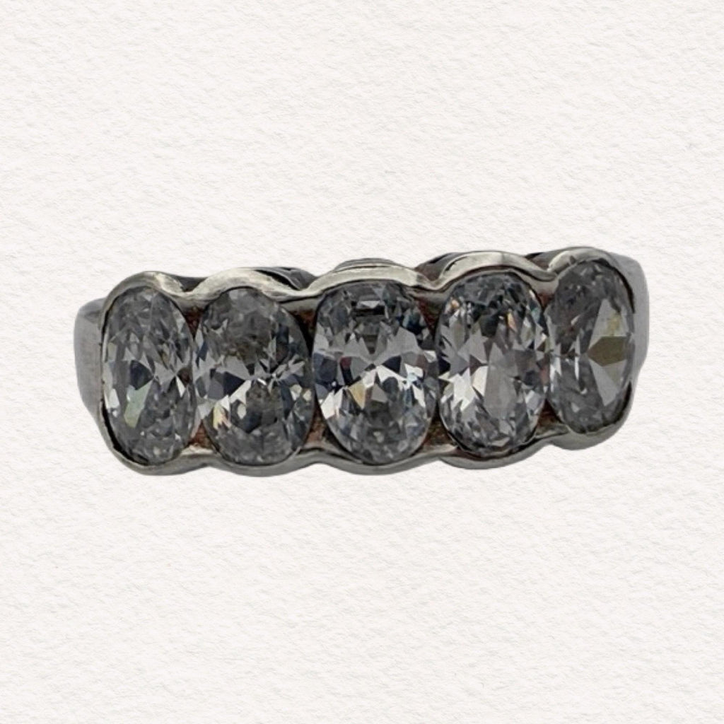 Vintage Sterling Silver Five Oval Stone CZ Ring | Stackable 925 Half Eternity Band