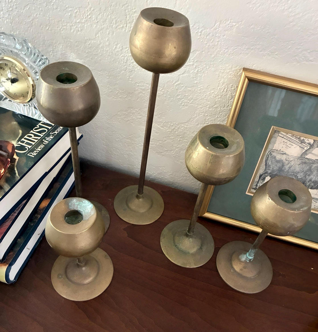 Vintage Solid Brass Graduated Candle Holders Set | Mid Century Modern Sculptural Candlesticks