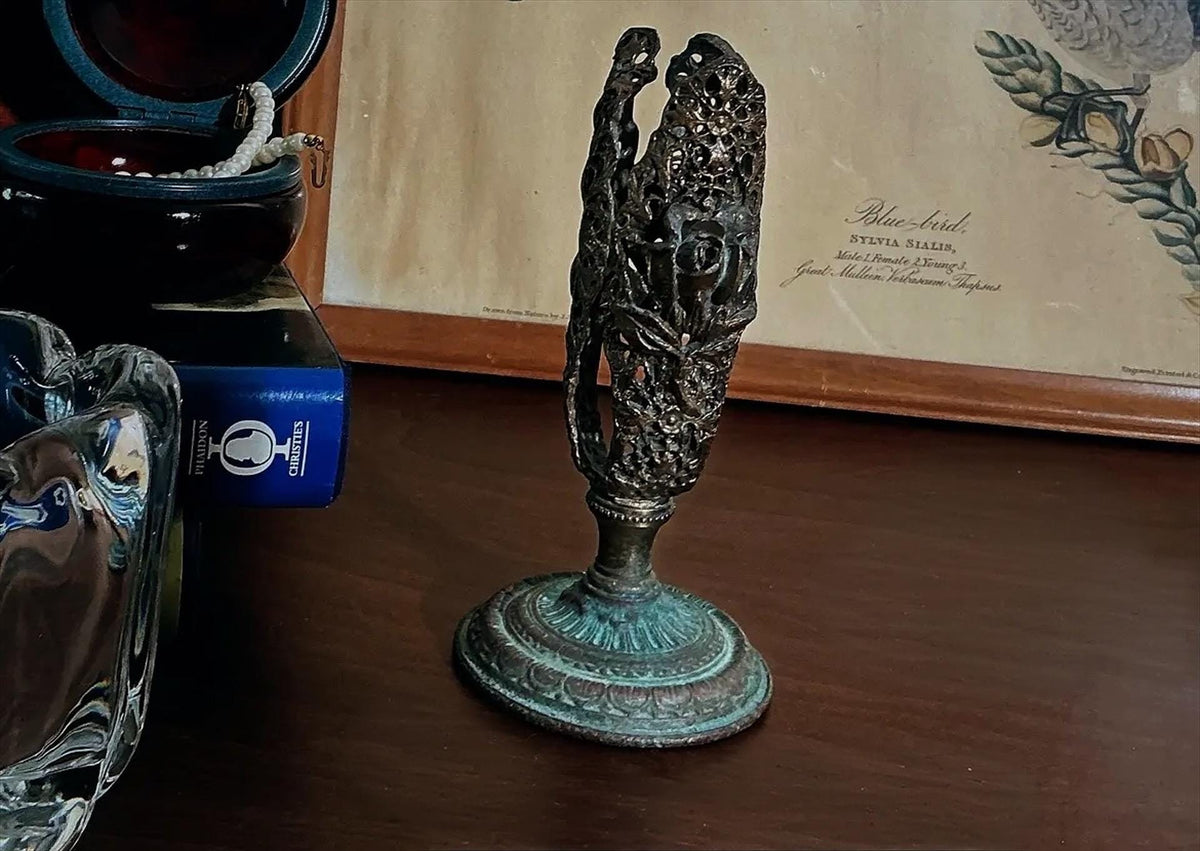 Vintage Art Nouveau Openwork Metal Candlestick Holder | Bronze Finish Floral Candleholder | Gothic Cottage Decor
