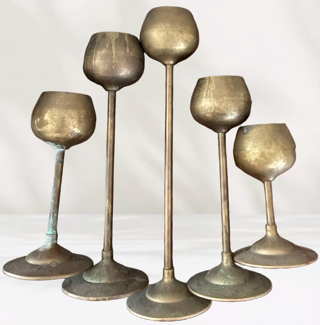Vintage Solid Brass Graduated Candle Holders Set | Mid Century Modern Sculptural Candlesticks