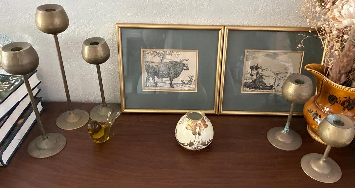 Vintage Solid Brass Graduated Candle Holders Set | Mid Century Modern Sculptural Candlesticks