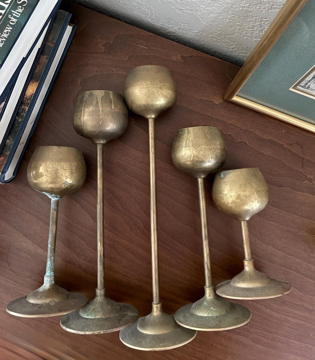 Vintage Solid Brass Graduated Candle Holders Set | Mid Century Modern Sculptural Candlesticks