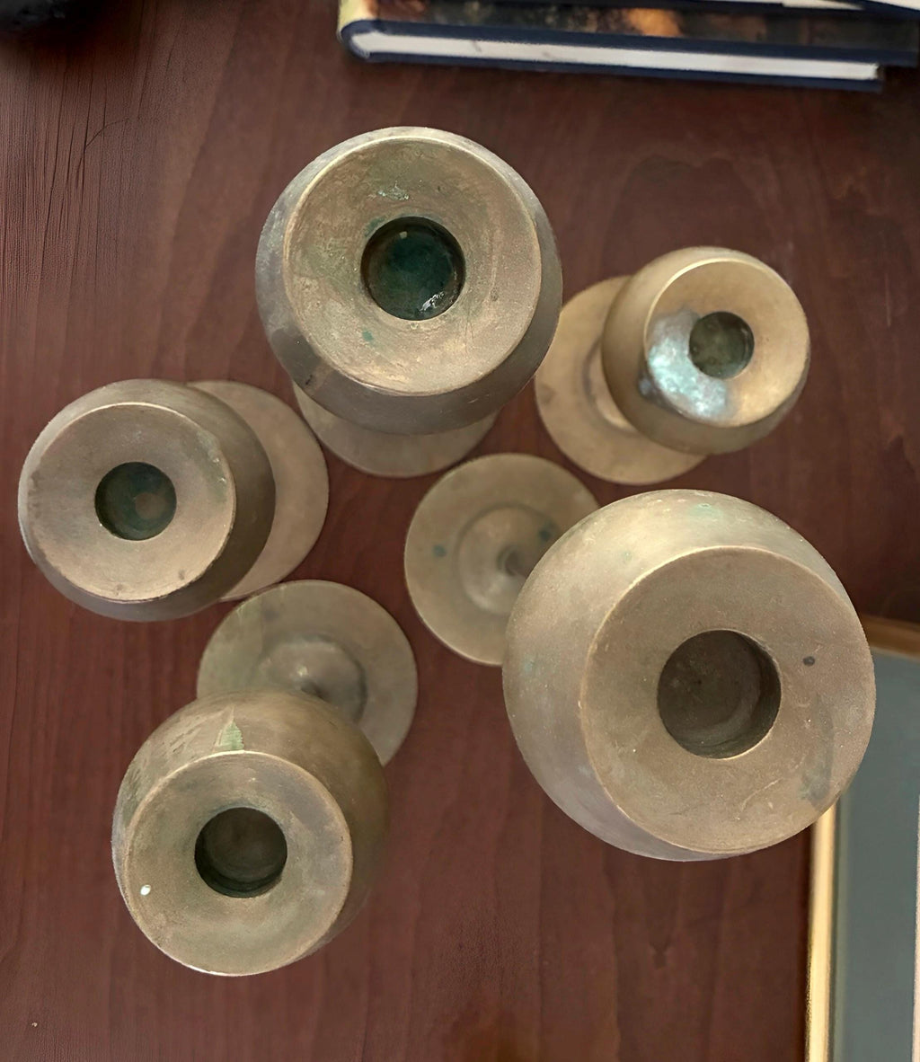Vintage Solid Brass Graduated Candle Holders Set | Mid Century Modern Sculptural Candlesticks