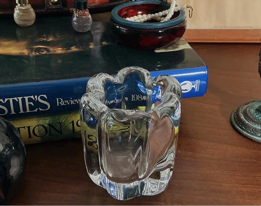 Signed Orrefors Swedish Crystal Sculptural Votive Candle Holder | Mid Century Modern Scandinavian Glass