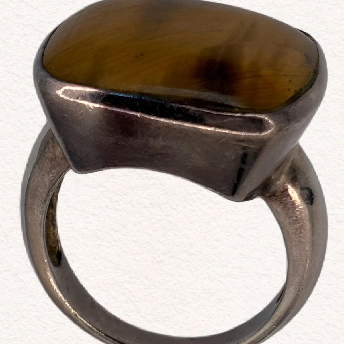 Vintage Sterling Silver Tigers Eye Statement Ring | Modernist Artisan Cocktail Ring | Size 7